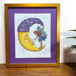 Completed Cross Stitch Fairy Sleeping Moon Framed Art 12x14 Needlepoint